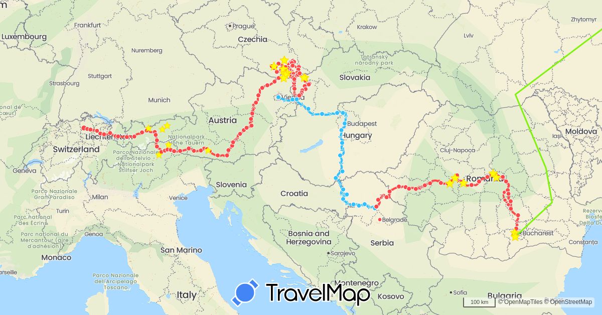 TravelMap itinerary: driving, hiking, boat, proposed route in Austria, Switzerland, Czech Republic, Croatia, Hungary, Italy, Romania, Serbia, Slovakia, Ukraine (Europe)